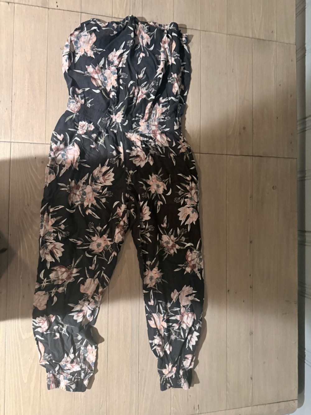 Aritzia Black Strapless Floral Jumpsuit with Blush Flowers